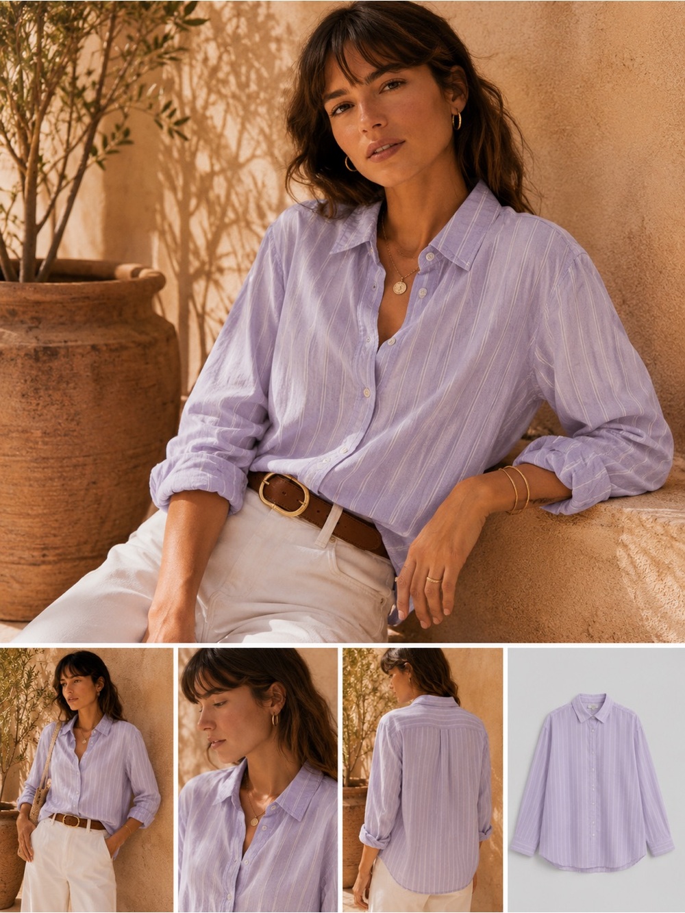 LOFT Linen Blend Lavender Striped Button-Down Shirt - Women Large